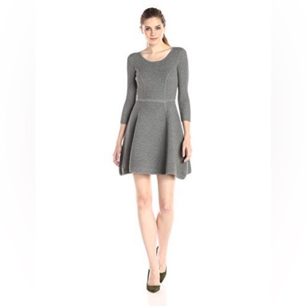 Milly Luxury Knit Dress Fit & Flare Above the Knee 3/4 Sleeve Grey Sweater Dress